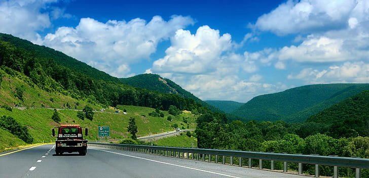 white truck on on black asphalt road during daytime, Highway, View, white truck, on on, black, asphalt, daytime, Pennsylvania, Lycoming County, US Route 15, Appalachian Mountains, Allegheny Plateau, Endless Mountains, road, hills, valley, sky, clouds, cumulus, summer, creative commons, transportation, mountain, nature, travel, landscape, HD wallpaper