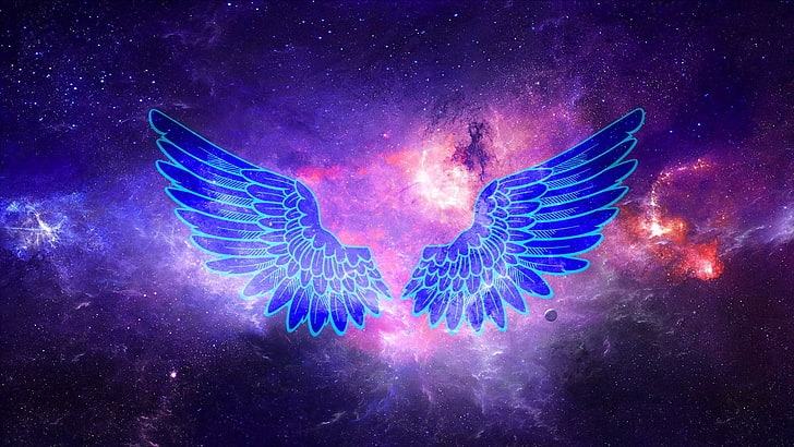 purple and black wings 3D illustration, photo manipulation, wings, space art, HD wallpaper