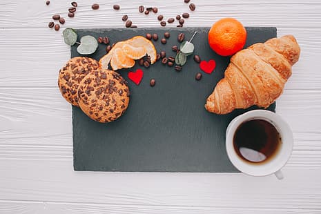 Café, cítricos, mandarina, granos de café, corazón, galletas, croissant, Fondo de pantalla HD HD wallpaper