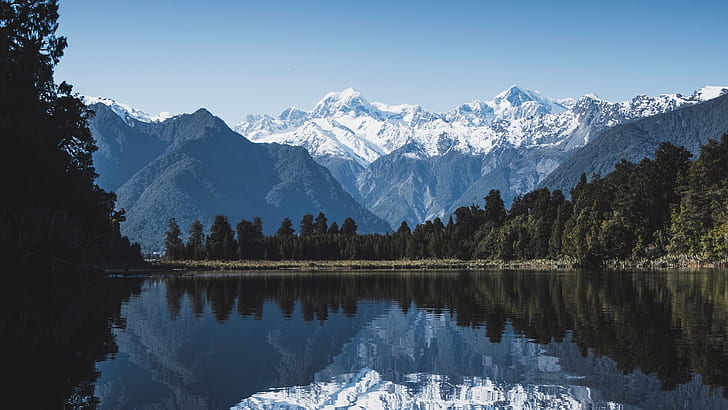 горы, озеро, Новая Зеландия, отражение, деревья, HD обои
