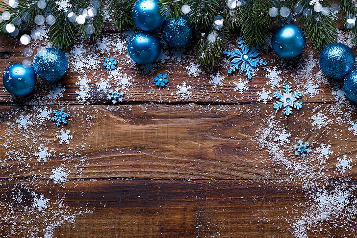 snow, snowflakes, balls, tree, New Year, Christmas, wood, blue, decoration, Merry, fir tree, fir-tree branches, HD wallpaper