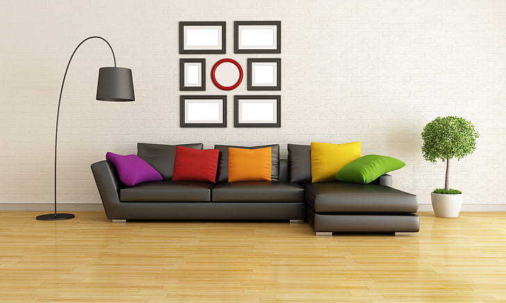 черный кожаный секционный диван, диван, интерьер, подушка, диван, подушки, ягненок, стильный дизайн, современная гостиная, HD обои