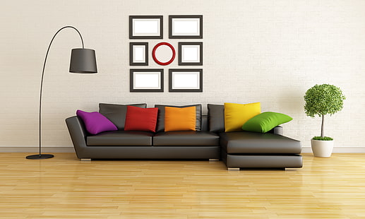 черный кожаный секционный диван, диван, интерьер, подушка, диван, подушки, ягненок, стильный дизайн, современная гостиная, HD обои HD wallpaper
