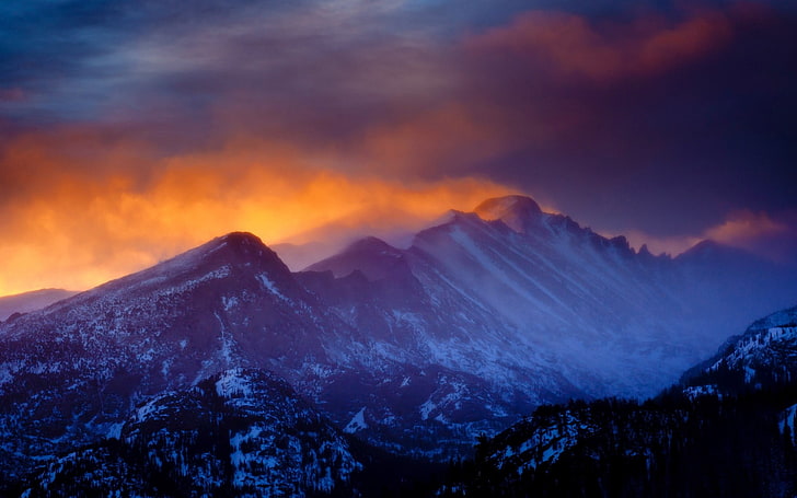 nature, landscape, mountains, sunset, Rocky Mountain National Park, clouds, forest, mist, snowy peak, winter, HD wallpaper