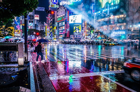 мокрая, светлая, город, огни, люди, дождь, улица, зонт, япония, зонтики, боке, HD обои HD wallpaper