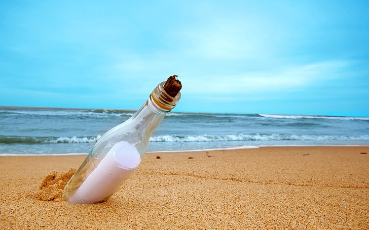 clear glass bottle, sand, sea, beach, letter, water, river, background, Wallpaper, mood, bottle, note, widescreen, full screen, HD wallpapers, message, HD wallpaper