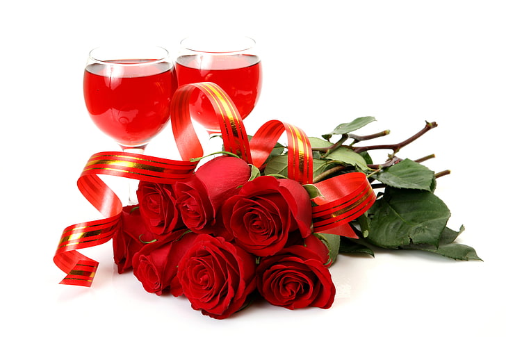 red roses and two clear wine glasses, wine, roses, glasses, tape, red, white background, HD wallpaper