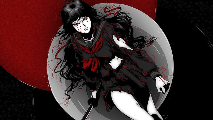Anime, Blood-C, Black, Blood, Dark, Katana, Red, Red Eyes, Weapon, Woman, HD wallpaper