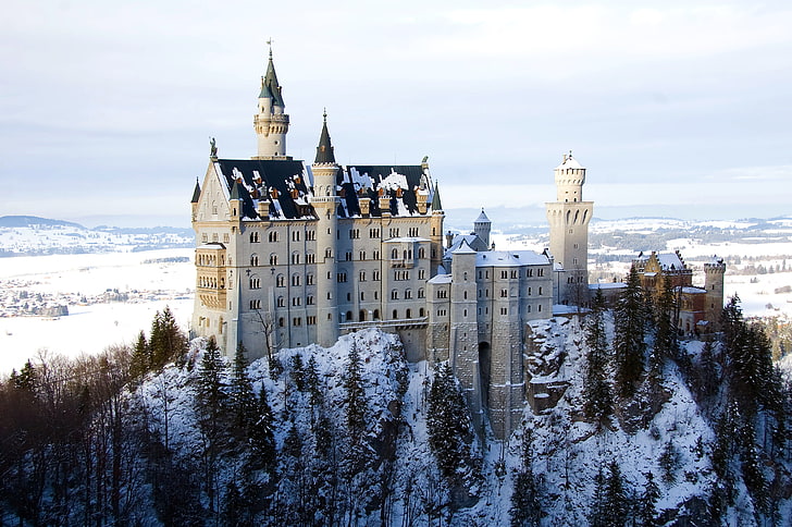 white and black castle, winter, snow, Castle, Bayern, HD wallpaper