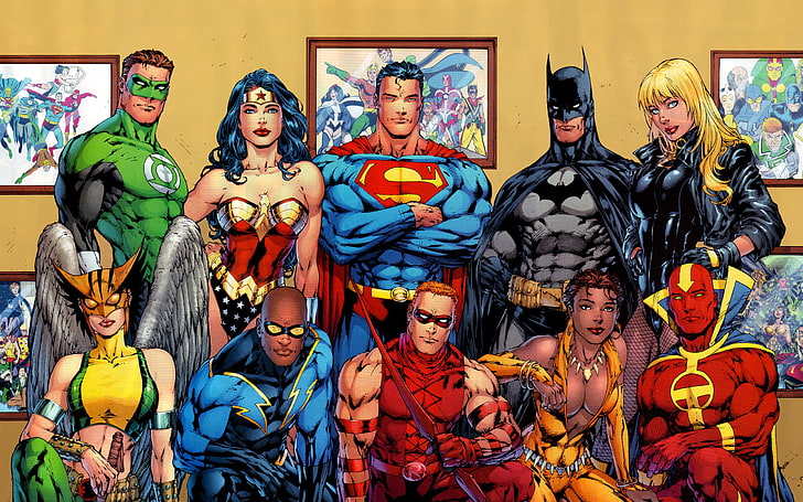 Plakat bohaterów DC, batman, superman, komiksy, bohaterowie, zielona latarnia, Wonder Woman, DC Universe, Tapety HD