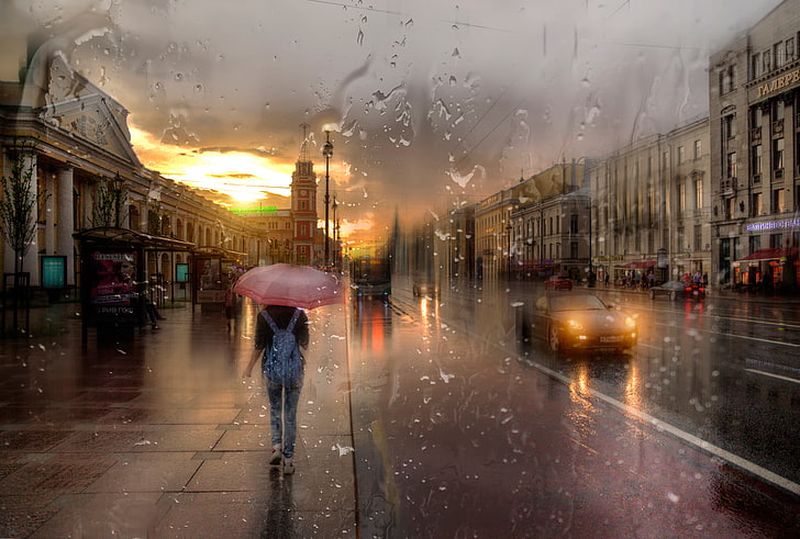 pink umbrella, girl, rain, umbrella, Saint Petersburg, Nevsky Prospekt, HD wallpaper