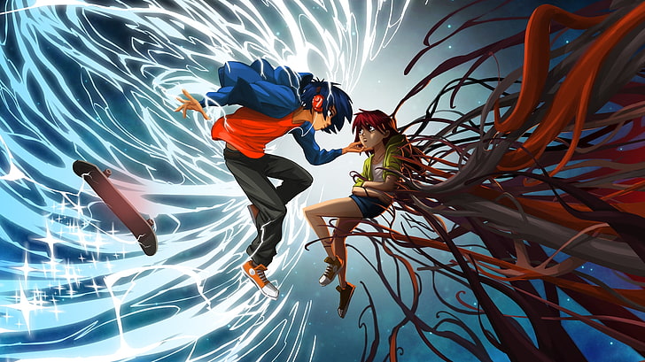 male and female anime character wallpaper, lost in harmony, game, boy, girl, skateboard, HD wallpaper