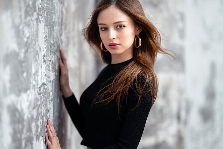 look, pose, model, portrait, makeup, hairstyle, brown hair, beauty, is, in black, bokeh, the wall, Marco Squassina, Sabrina B., HD wallpaper