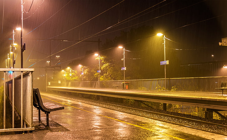 night, lights, rain, wire, rails, Australia, the platform, railroad, benches, Melbourne, HD wallpaper