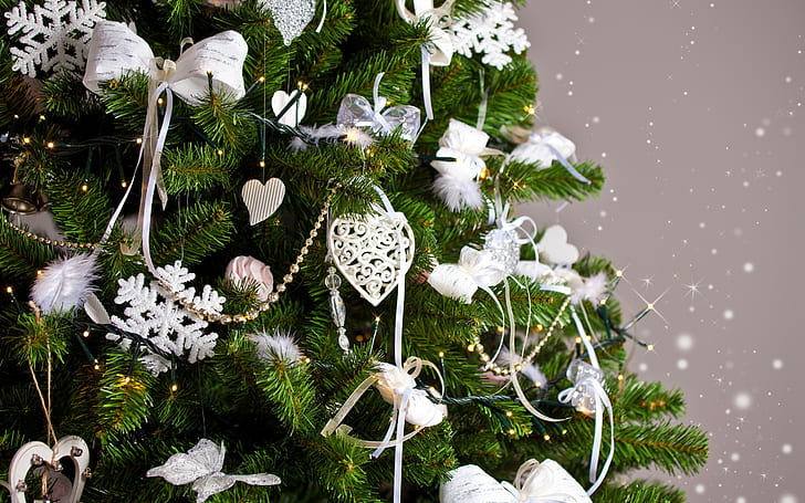 Merry, Christmas, decoración, árbol de navidad blanco y verde, bolas, navidad, año nuevo, decoración, Merry, árbol de navidad, Fondo de pantalla HD