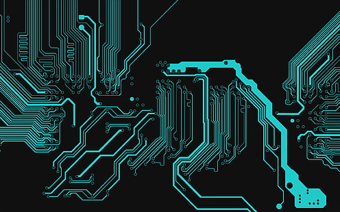 blue and black lines digital wallpaper, circuits, minimalism, electronic, abstract, digital art, black, dark background, circuit, technology, turquoise, HD wallpaper HD wallpaper