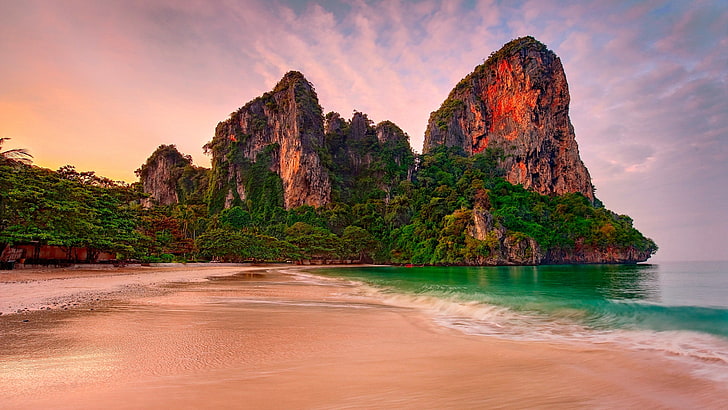 railay beach, promontory, coast, sky, krabi, tropics, cliff, thailand, rock, asia, beach, vacation, rock formation, HD wallpaper