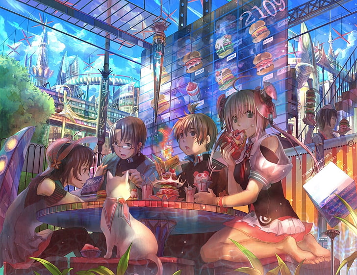 Anime Girls Blonde Fuji Choko Clouds Feet Hamburgers Cat Ahoge Futuristic Hd Wallpaper Wallpaperbetter