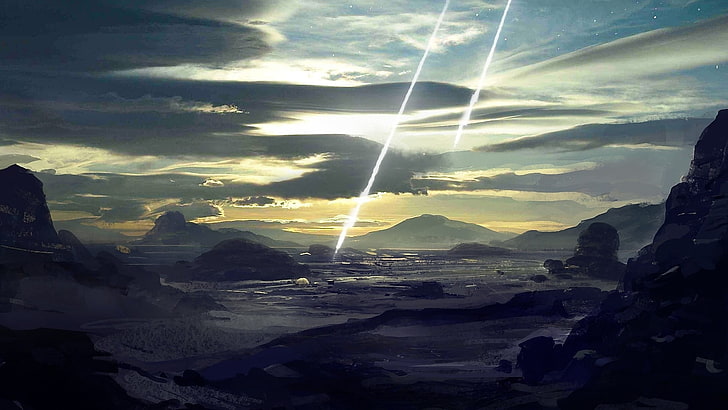 meteor illustration, grafik, fantasiekunst, sonne, asteroid, landschaft, HD-Hintergrundbild