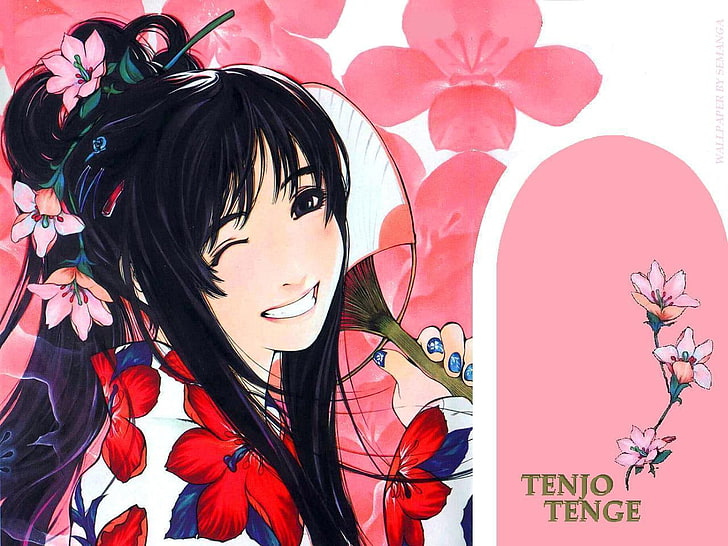 anime, Tenjou Tenge, anime dziewczyny, ciemne włosy, pomalowane paznokcie, kwiat we włosach, Tapety HD