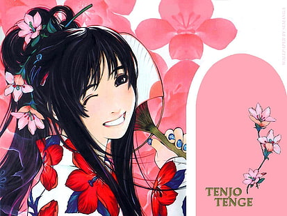 anime, Tenjou Tenge, anime girls, capelli scuri, unghie dipinte, fiori nei capelli, Sfondo HD HD wallpaper