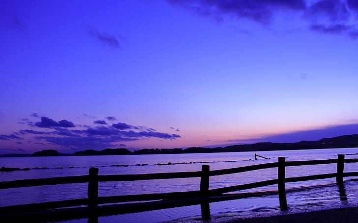 Япония, море, ограда, вечер, залез, синьо, люляково небе, Япония, море, ограда, вечер, залез, синьо, люляк, небе, HD тапет