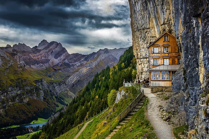 Bangunan, Bangunan, Pegunungan Alpen, Berggasthaus Aescher-Wildkirchli, Cliff, Mountain, Wallpaper HD
