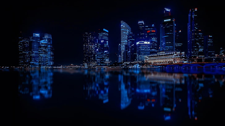 singapore, bay, marina bay, illuminated, sky, downtown, architecture, midnight, light, water, darkness, skyscraper, metropolitan area, reflected, metropolis, skyline, city, reflection, cityscape, night, HD wallpaper