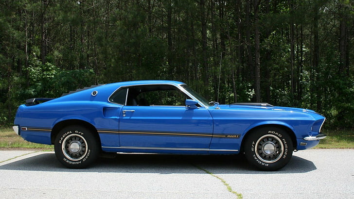 Ford, Ford Mustang Mach 1, Blaues Auto, Auto, Fließheck, Muscle Car, HD-Hintergrundbild