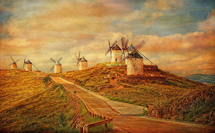 road, the sky, clouds, hills, Spain, windmill, HD wallpaper