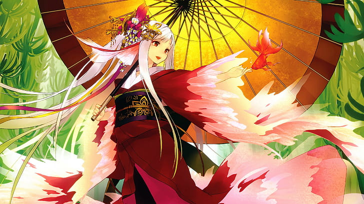 chicas anime, paraguas, peces, kimono, paraguas japonés, personajes originales, Fondo de pantalla HD