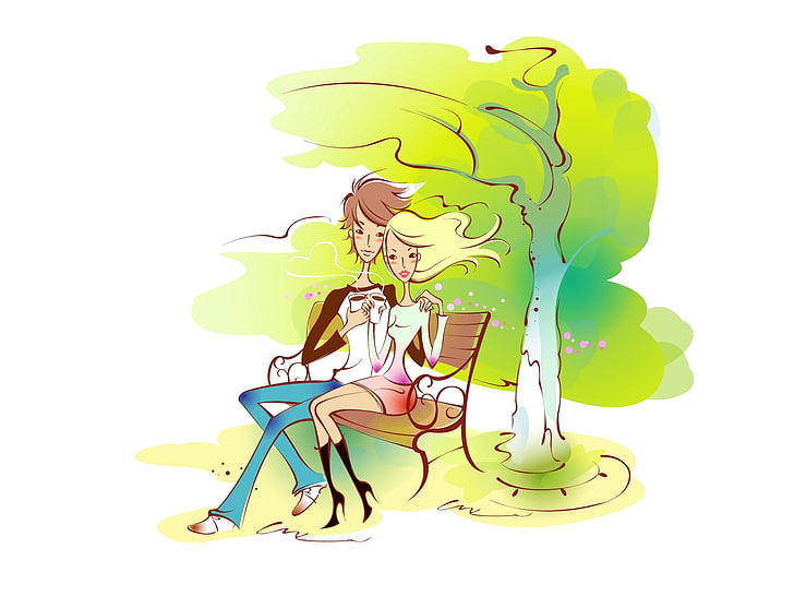 man and woman sitting on bench illustration, couple, art, drawing, love, bench, park, embrace, HD wallpaper