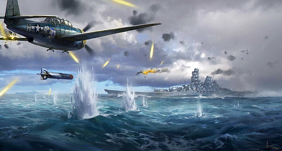 Войни, Втората световна война, Самолети, Битка, Торпедо, Военни самолети, Военен кораб, HD тапет HD wallpaper