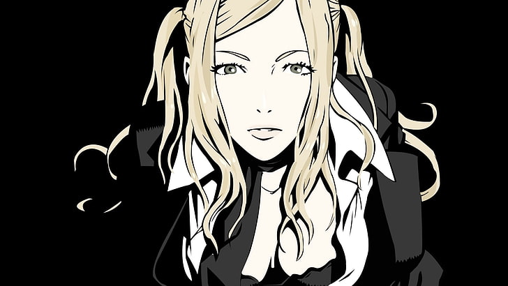 blonde Frau fiktionale Figur Tapete, Sylvia Christel, Anime Vektoren, No More Heroes, Kunstwerk, Gesicht, schwarzer Hintergrund, HD-Hintergrundbild