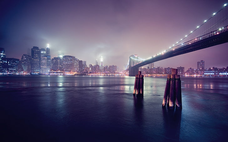 серый висячий мост, мост, город, нью-йорк, бруклинский мост, залив, манхэттен, городской пейзаж, огни, здания, HD обои