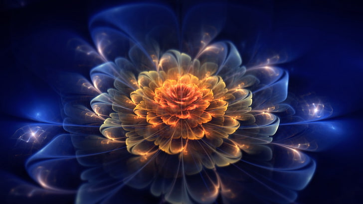 orange and blue flower digital wallpaper, fractal, flower, light, dark, HD wallpaper