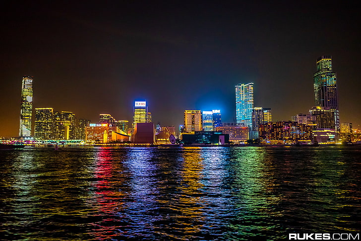 Rukes, fotografia, cidade, paisagem urbana, luzes da cidade, água, Hong Kong, HD papel de parede
