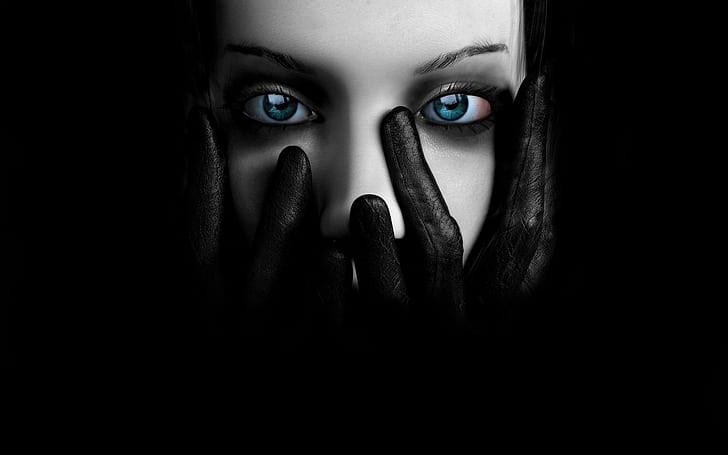 عيون زرقاء داكنة ، وجه امرأة ، أزرق ، داكن ، عيون ، ثلاثية الأبعاد ومجردة، خلفية HD
