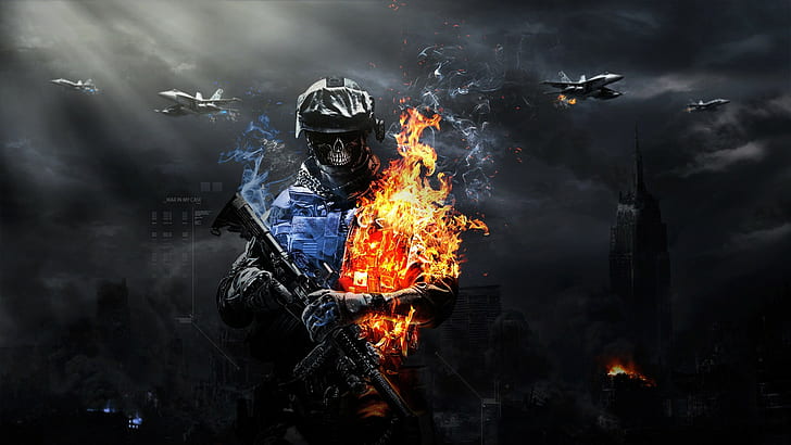 Battlefield Skull Fire Soldier HD, video games, fire, skull, soldier, battlefield, HD wallpaper