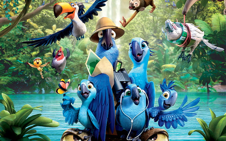 oiseaux, bleu, dessin animé, film, rio 2, Fond d'écran HD
