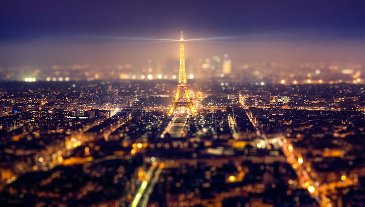 malam, kota, kota, lampu, menara Eiffel, Paris, rumah, megapolis, foto, fotografer, Tilt shift, Andrés Nieto Porras, Wallpaper HD