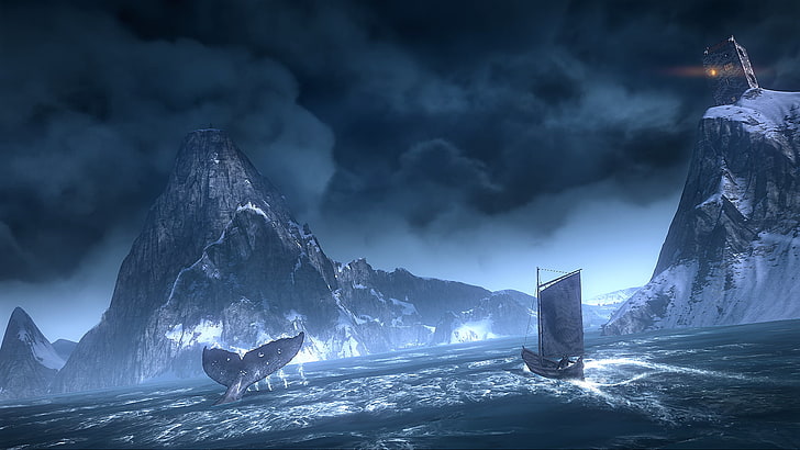 ilustração de barco a vela e baleia, videogames, The Witcher, The Witcher 3: Wild Hunt, HD papel de parede