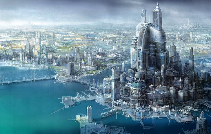 cityscape painting, city, futuristic, science fiction, futuristic city, cityscape, aerial view, HD wallpaper