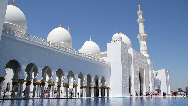 white mosque, Abu Dhabi, Islamic architecture, architecture, sunlight, arch, marble, mosque, HD wallpaper