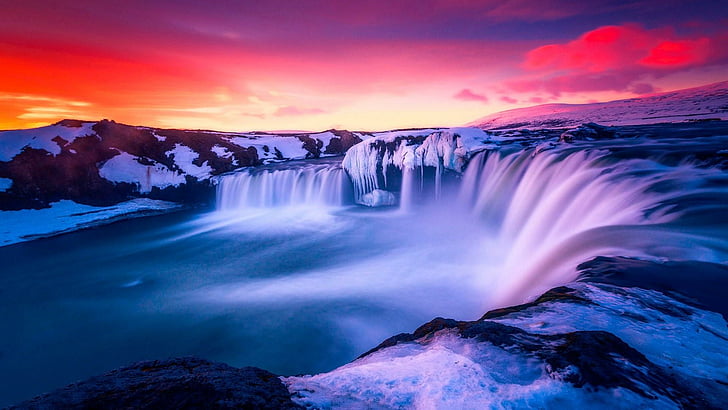 ธรรมชาติ, น้ำตก, ท้องฟ้า, ท้องฟ้าสีแดง, น้ำ, ฤดูหนาว, การแช่แข็ง, Godafoss, ไอซ์แลนด์, วอลล์เปเปอร์ HD