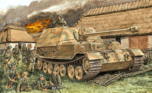 MG-42, Elefant, Die Wehrmacht, 653 Schwere Panzerjägerabteilung, Zaun, Brennendes Haus, Soldaten, HD-Hintergrundbild HD wallpaper