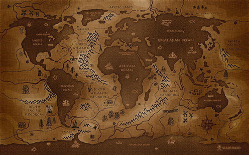 map, inverted, world map, Vladstudio, history, artwork, reversed, brown, HD wallpaper HD wallpaper