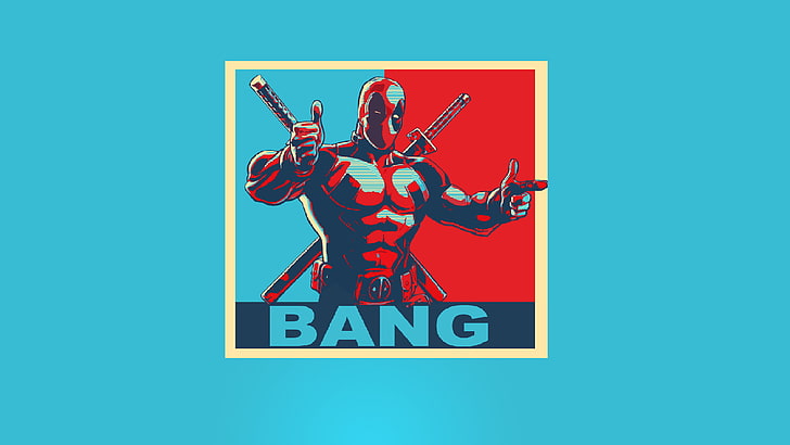 Deadpool Bang poster, Marvel Comics, Deadpool, cyan background, red, cyan, thumbs up, HD wallpaper