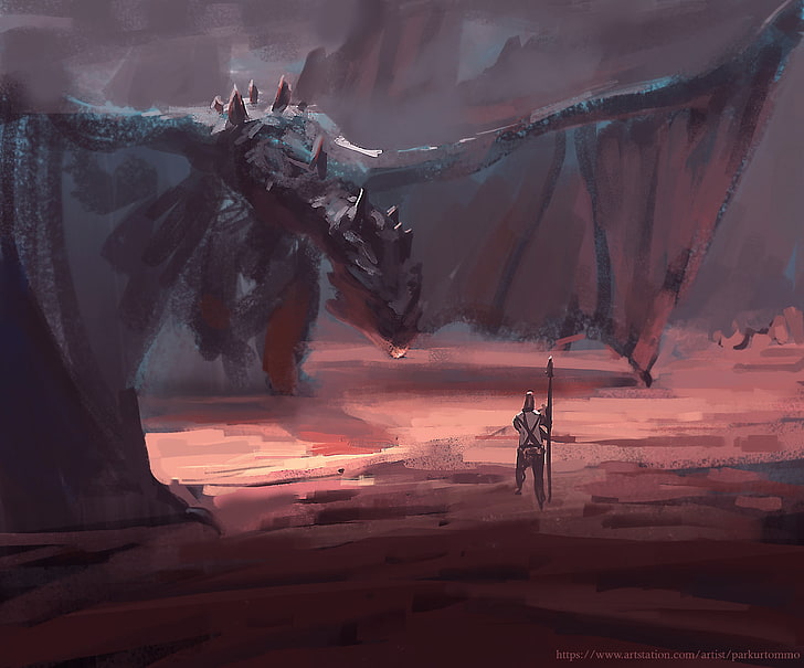 ilustração de dragão e matador, arte da fantasia, dragão, guerreiro, HD papel de parede