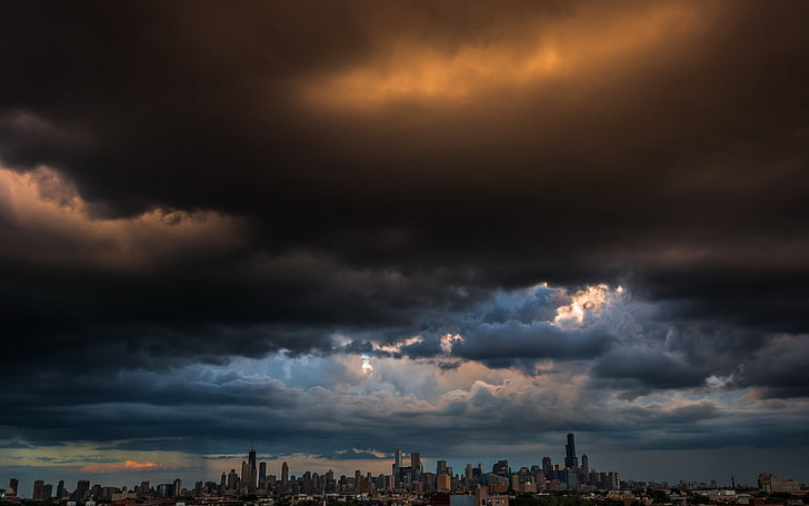 серые облака, Чикаго, город, HD обои